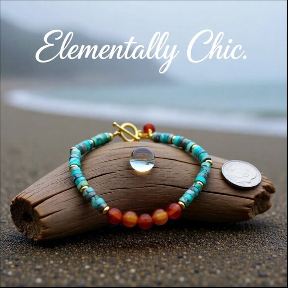 Handmade Jewelry - Slim Minimalist Boho Toggle Bracelet! Sea Sediment Jasper & Agate + Gold Accents